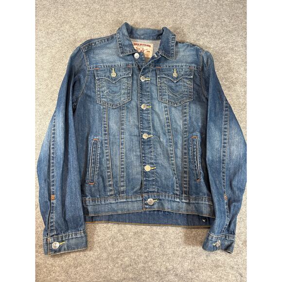 Vintage Y2K True Religion Jean Denim Trucker Jacket Mens M Blue Button Up Work - Picture 1 of 6